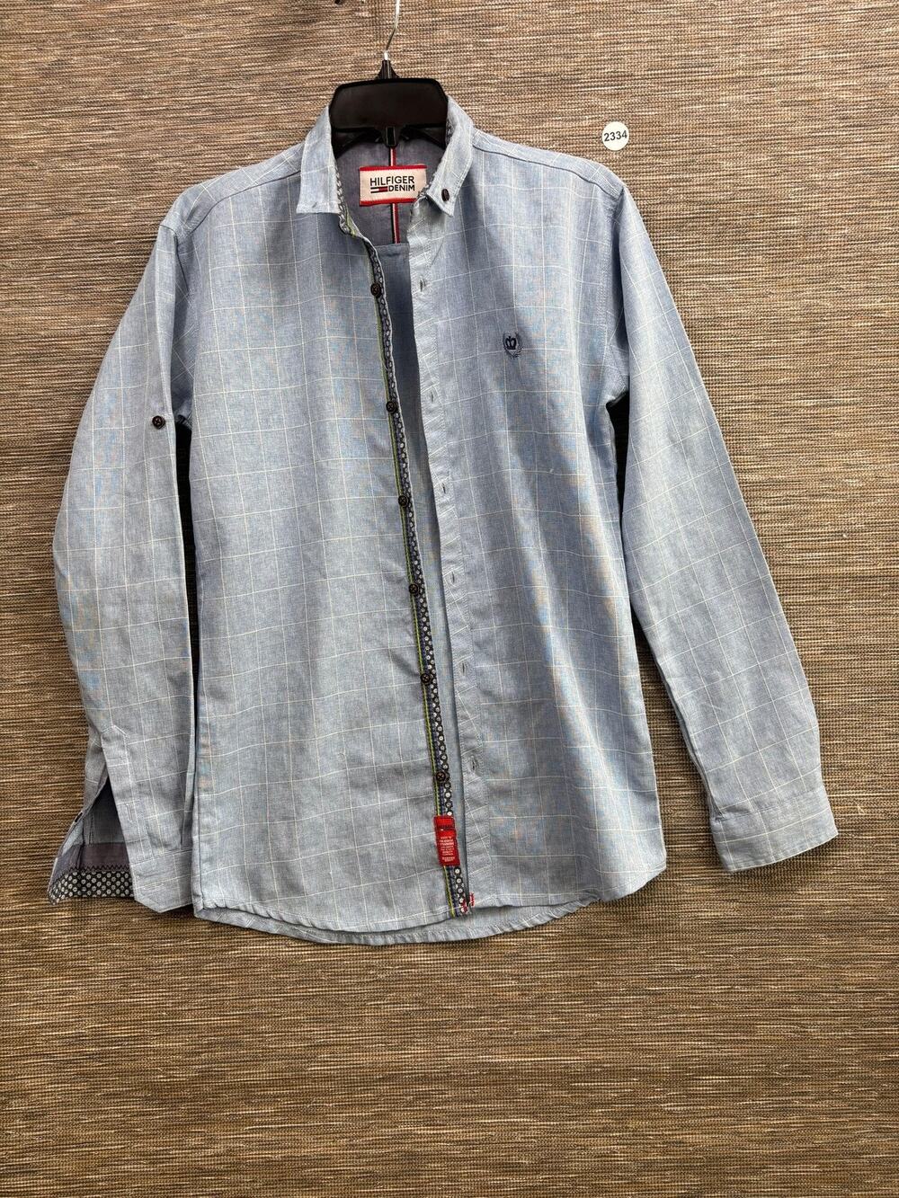 Hilfiger Denim Shirt Mens Medium Blue Check Chambray Button Up Long Sleeve Logo
